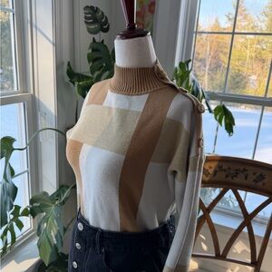 Tahari Tan and Cream Geometric Color Block Mock Neck Sweater